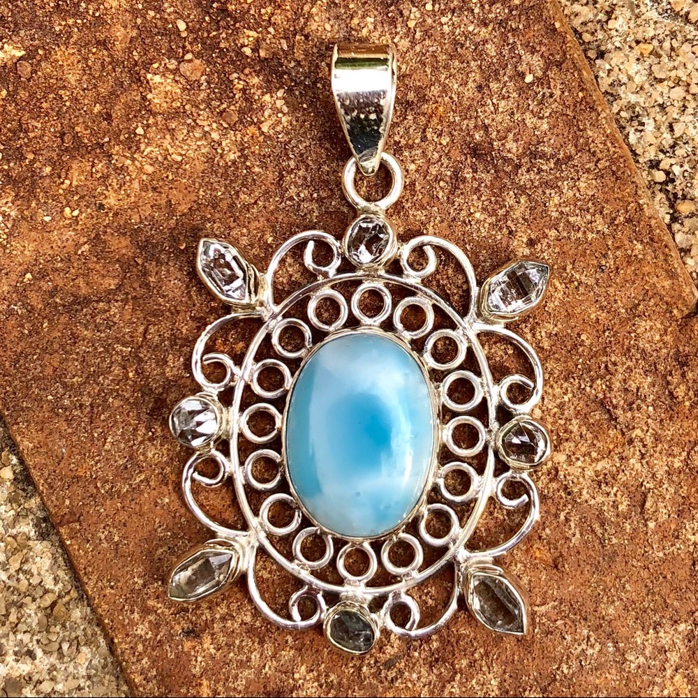 LARIMAR AND HERKIMER DIAMOND SILVER PENDANT